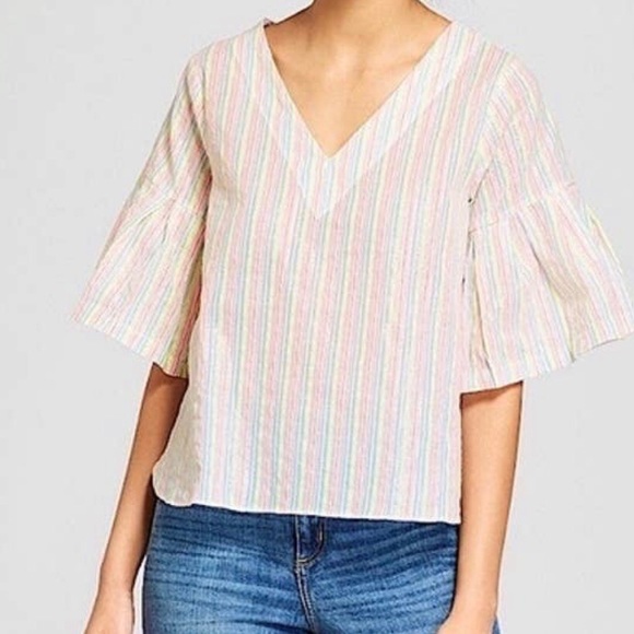 Tops - A NEW DAY Seersucker Ruffle Bell Sleeve Metallic Sparkle Neon Striped Blouse